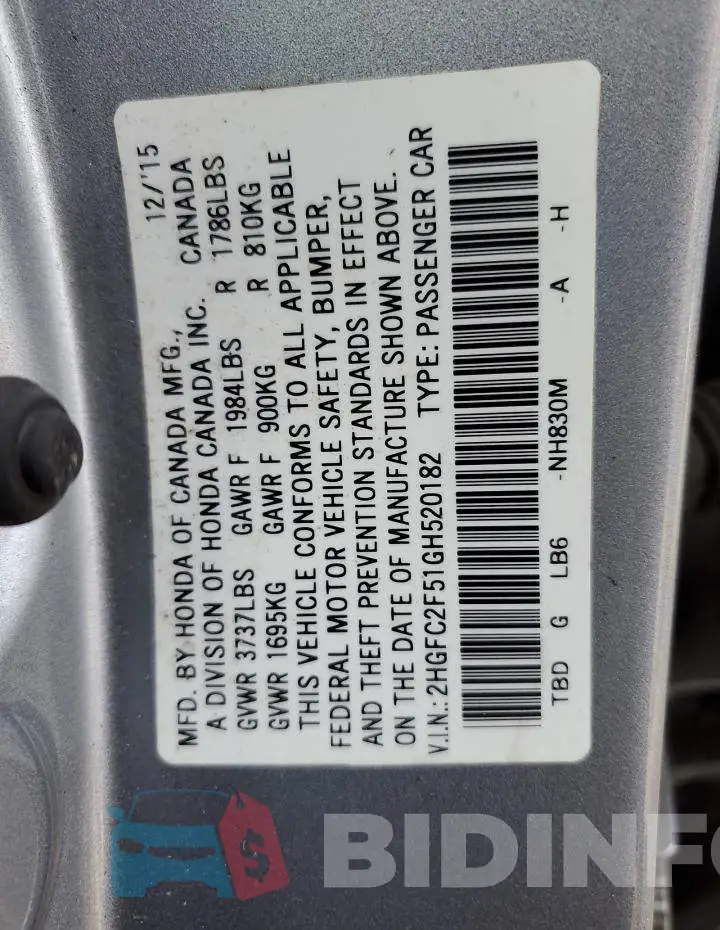 2HGFC2F51GH520182 Photo# 13