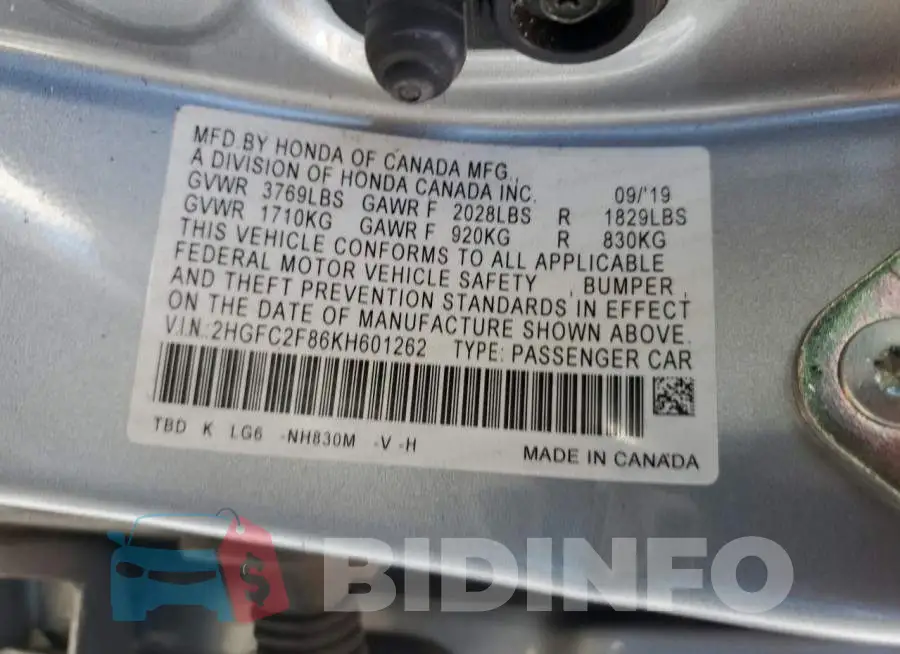 2HGFC2F86KH601262 Photo# 12