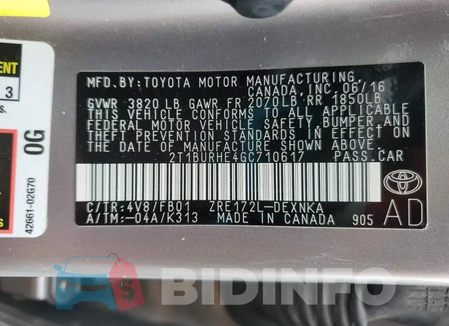 2T1BURHE4GC710617 Photo# 13