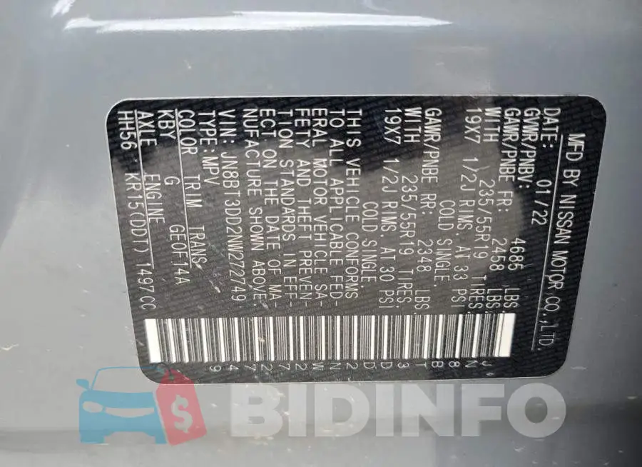JN8BT3DD2NW272749 Photo# 14