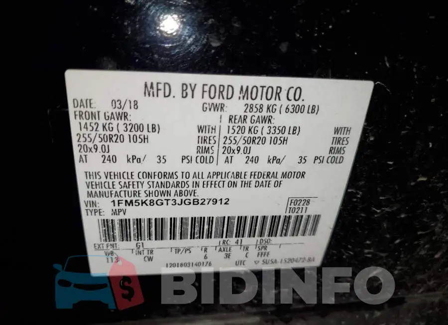 1FM5K8GT3JGB27912 Photo# 13