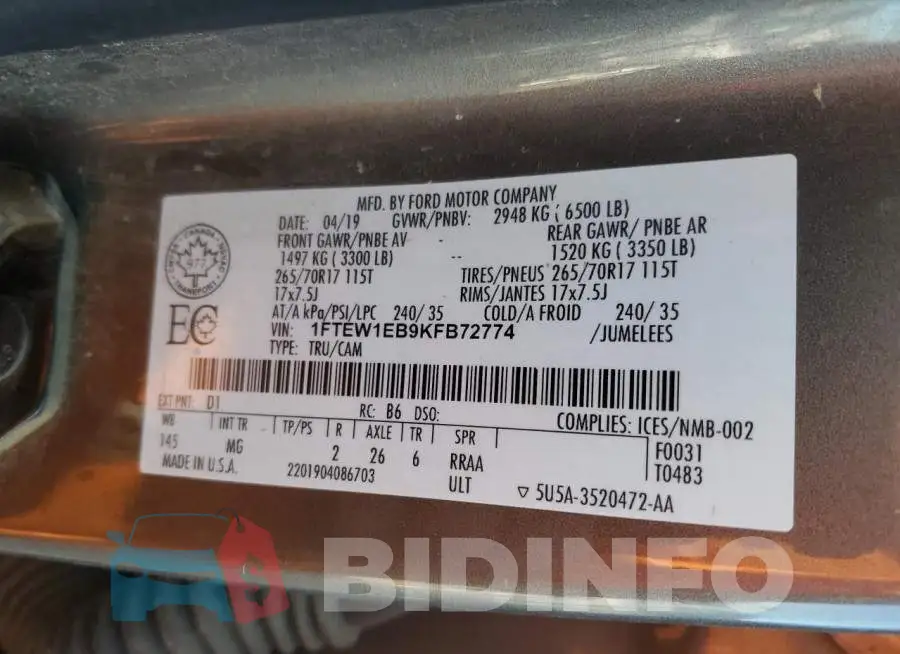 1FTEW1EB9KFB72774 Photo# 13