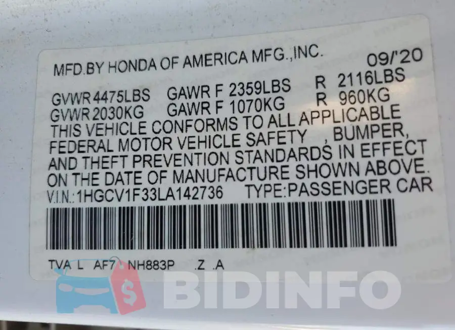 1HGCV1F33LA142736 Photo# 13