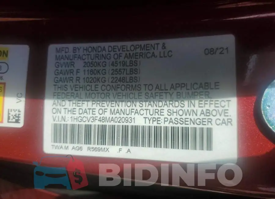1HGCV3F48MA020931 Photo# 12