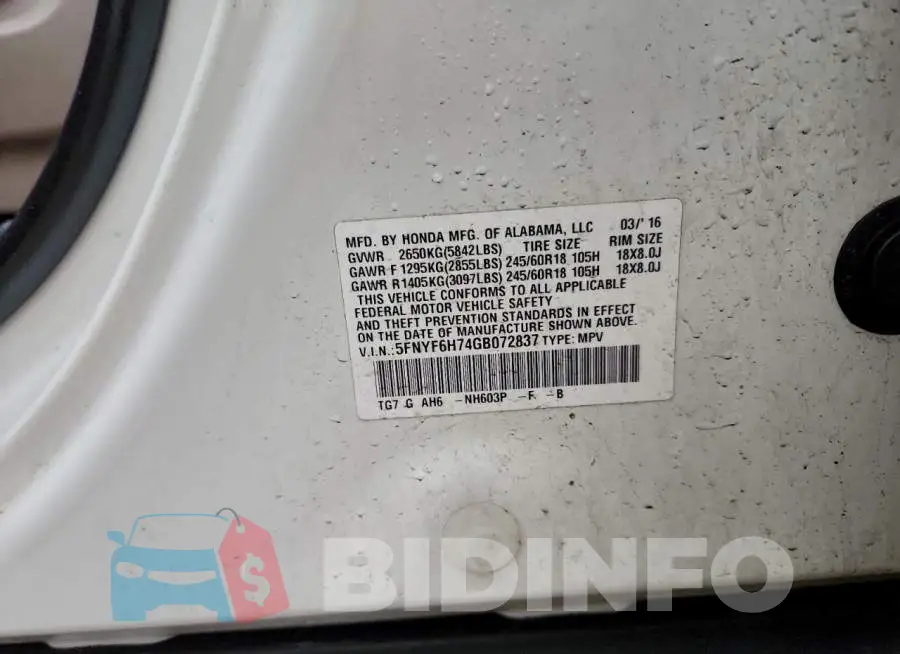 5FNYF6H74GB072837 Photo# 13