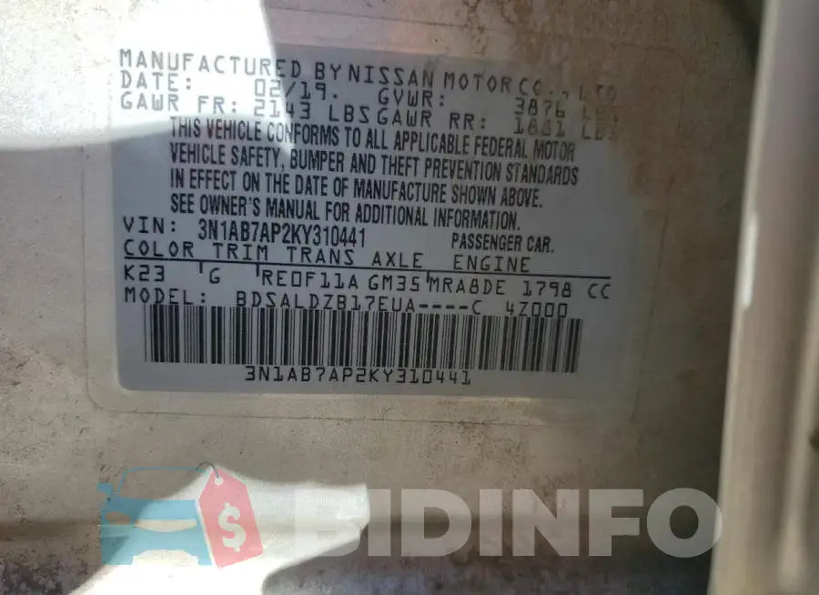 3N1AB7AP2KY310441 Photo# 12