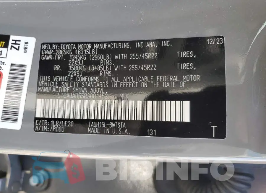 5TDABAB65RS001452 Photo# 13