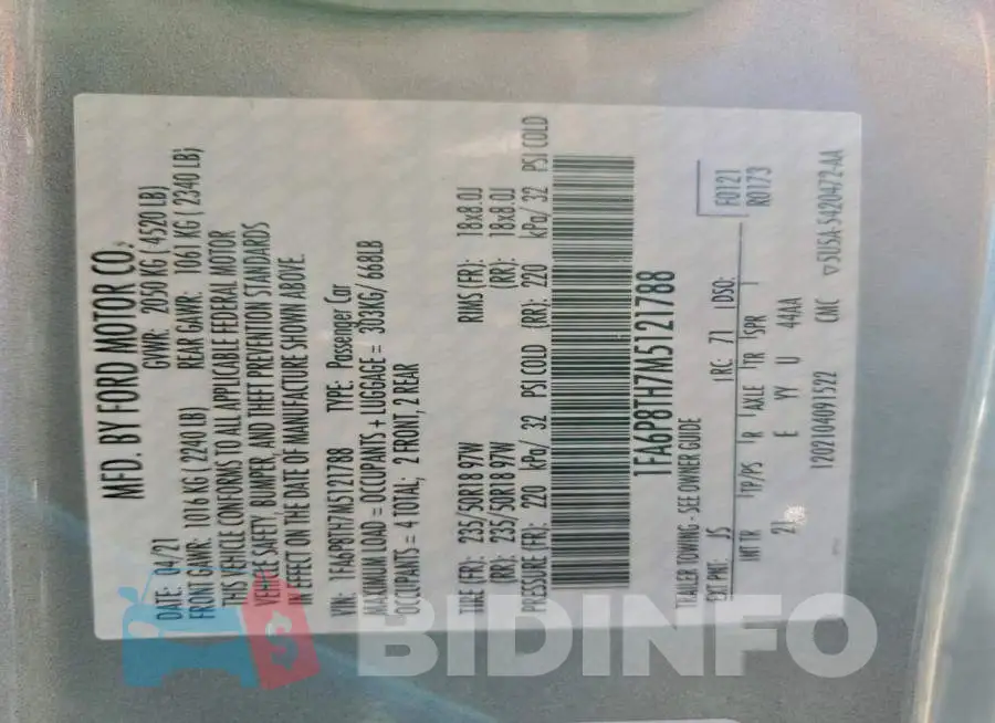 1FA6P8TH7M5121788 Photo# 13
