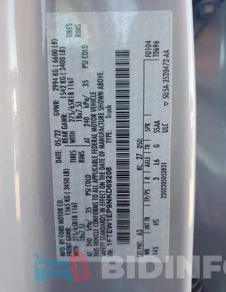1FTEW1EP9NKD69208 Photo# 12
