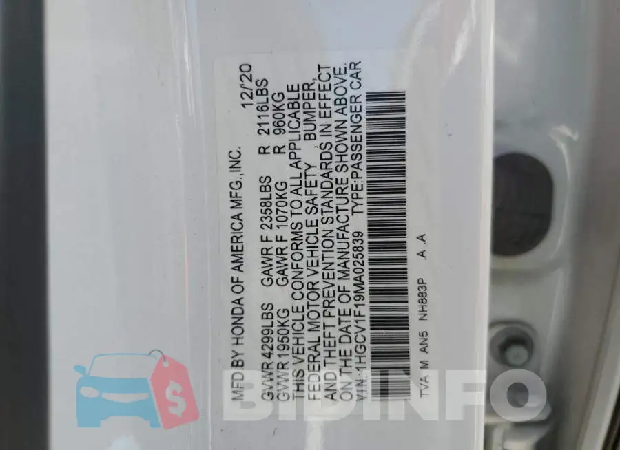1HGCV1F19MA025839 Photo# 12