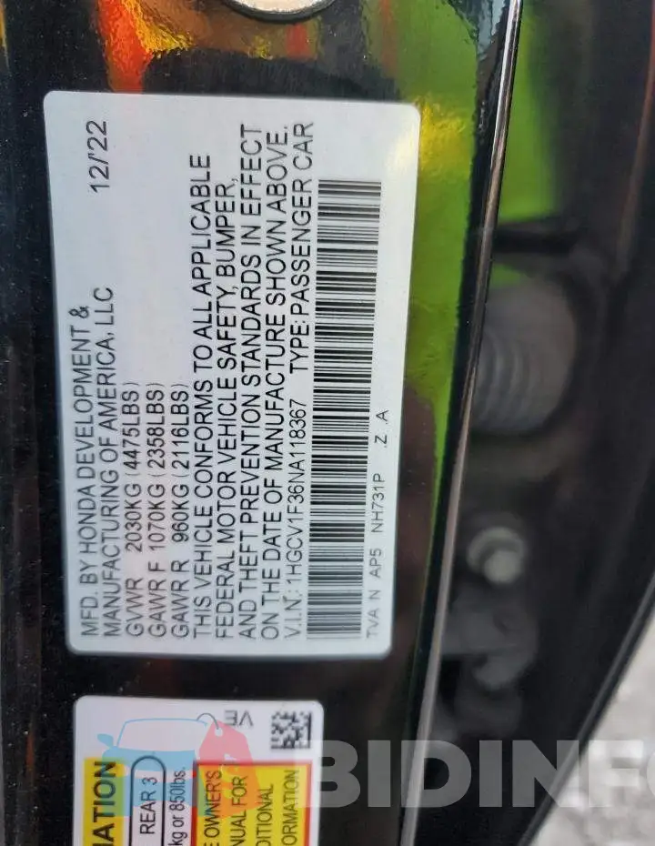 1HGCV1F36NA118367 Photo# 12
