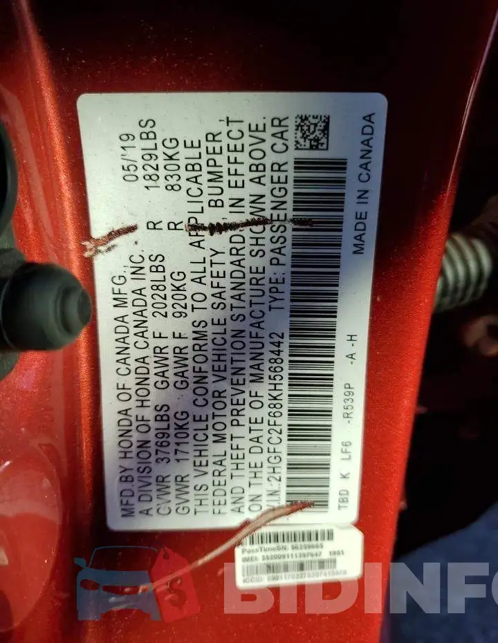 2HGFC2F68KH568442 Photo# 12