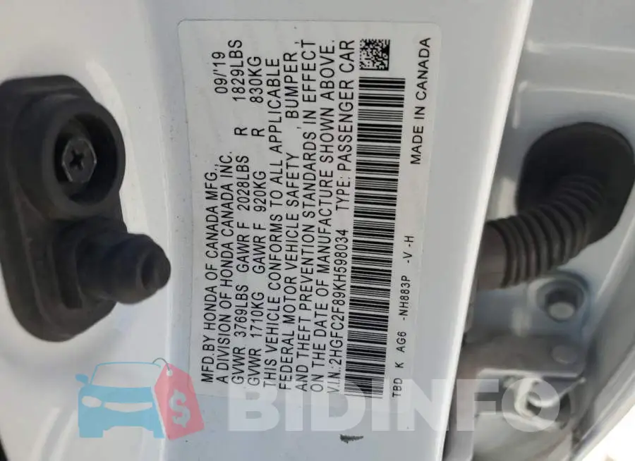 2HGFC2F89KH598034 Photo# 12