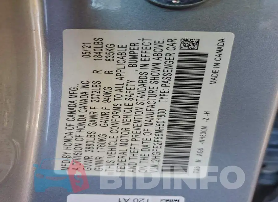 2HGFE2F56NH501800 Photo# 12