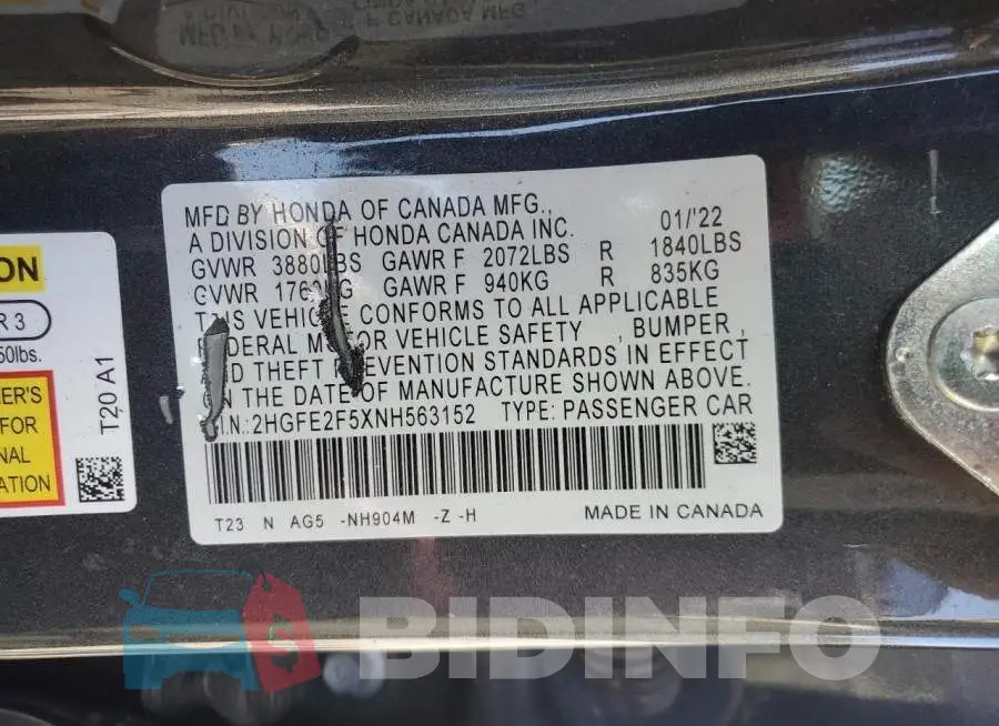 2HGFE2F5XNH563152 Photo# 12