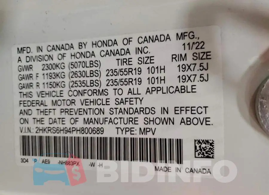 2HKRS6H94PH800689 Photo# 13