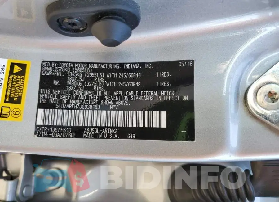 5TDZARFH7JS038183 Photo# 14
