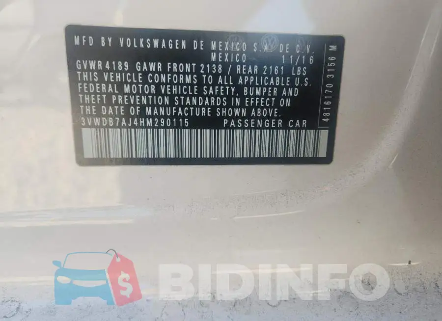 3VWDB7AJ4HM290115 Photo# 13