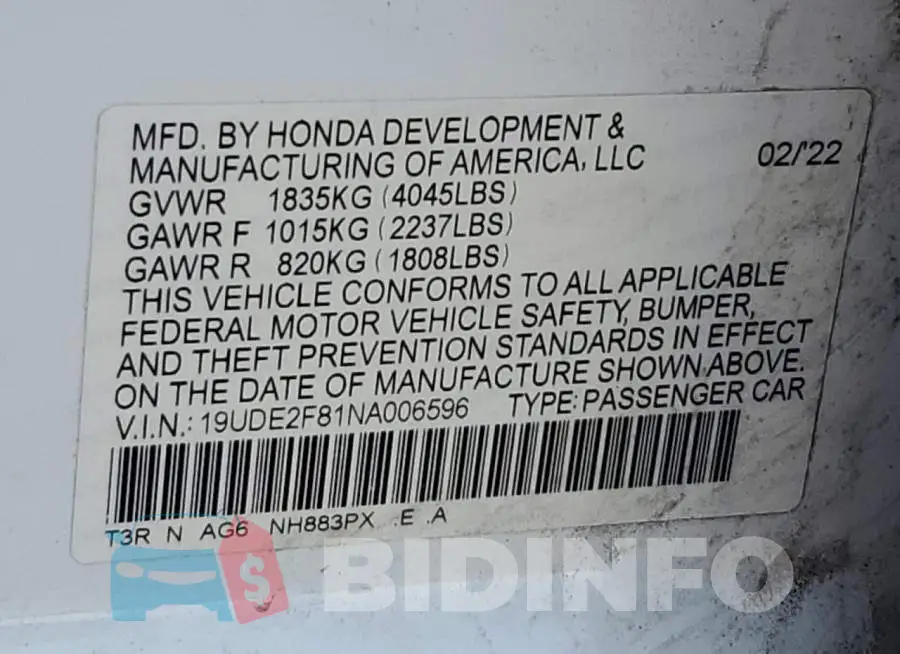 19UDE2F81NA006596 Photo# 13