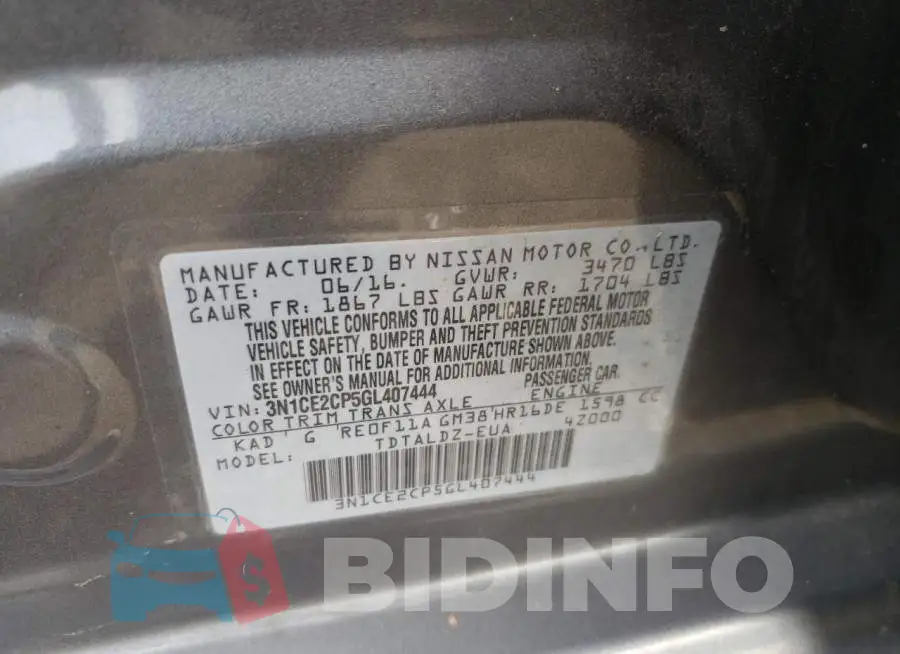 3N1CE2CP5GL407444 Photo# 13