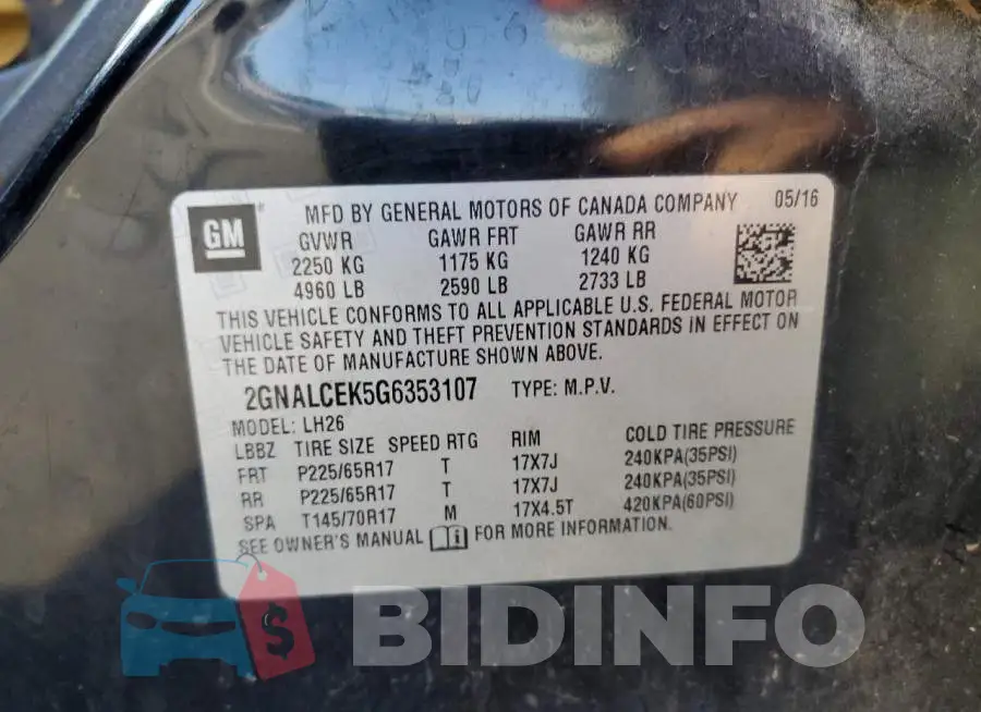 2GNALCEK5G6353107 Photo# 12