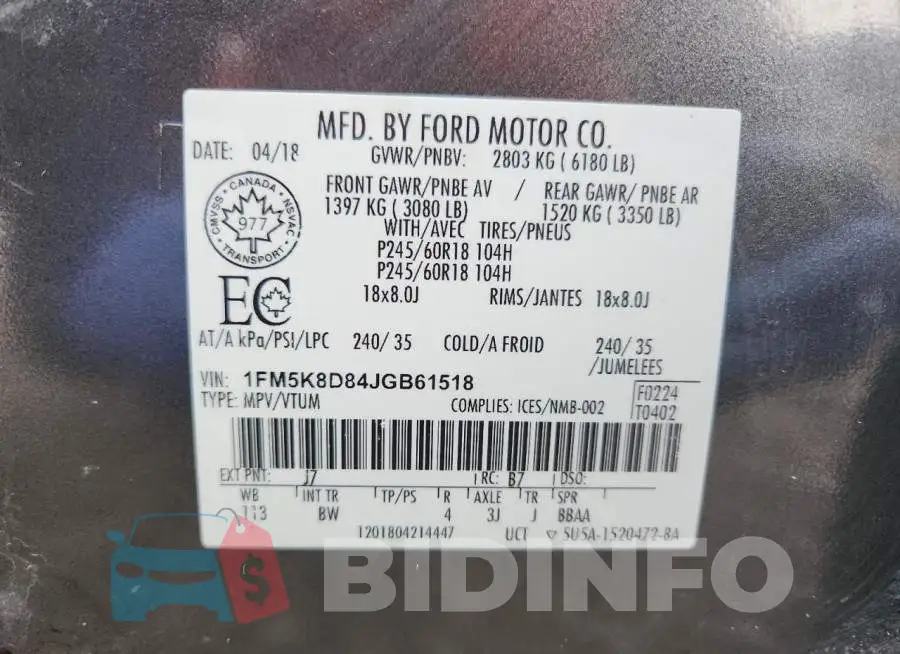 1FM5K8D84JGB61518 Photo# 13