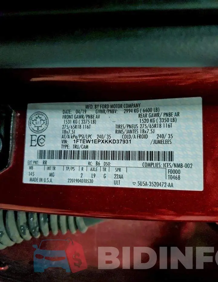 1FTEW1EPXKKD37931 Photo# 12
