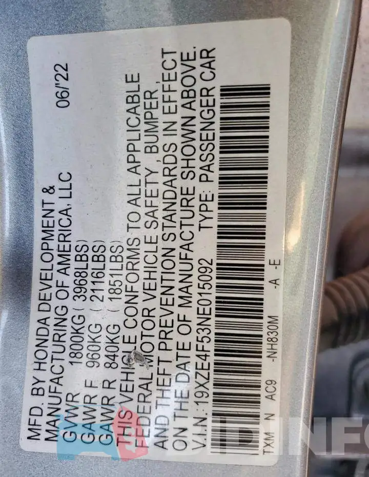 19XZE4F53NE015092 Photo# 12