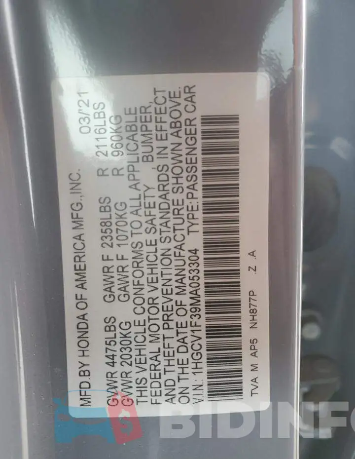 1HGCV1F39MA053304 Photo# 12