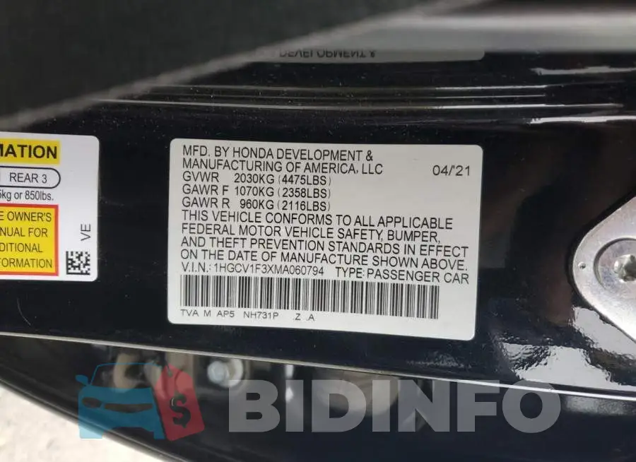 1HGCV1F3XMA060794 Photo# 12