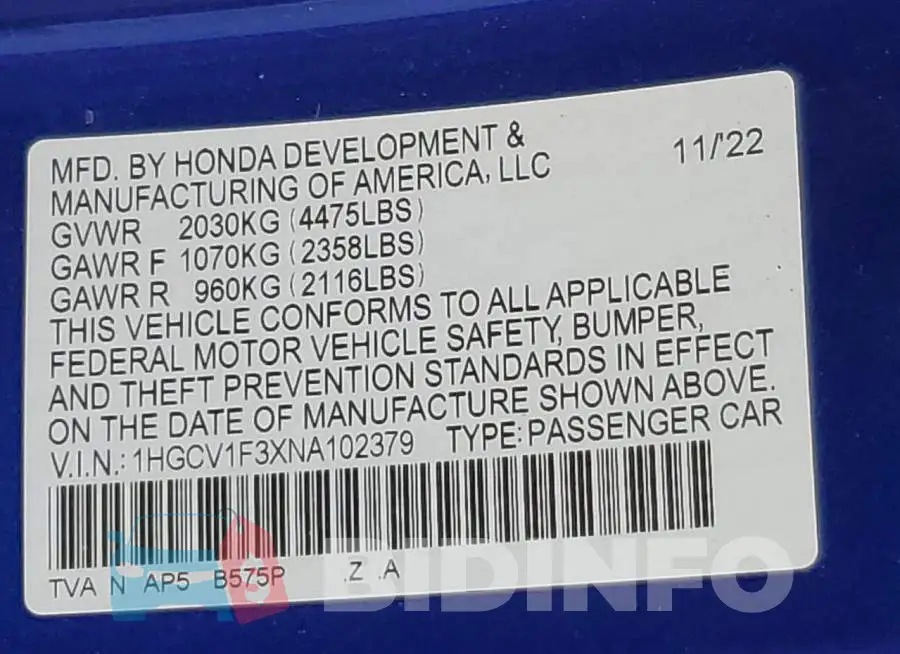 1HGCV1F3XNA102379 Photo# 12