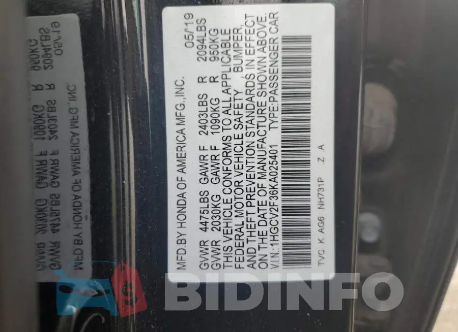 1HGCV2F36KA025401 Photo# 12