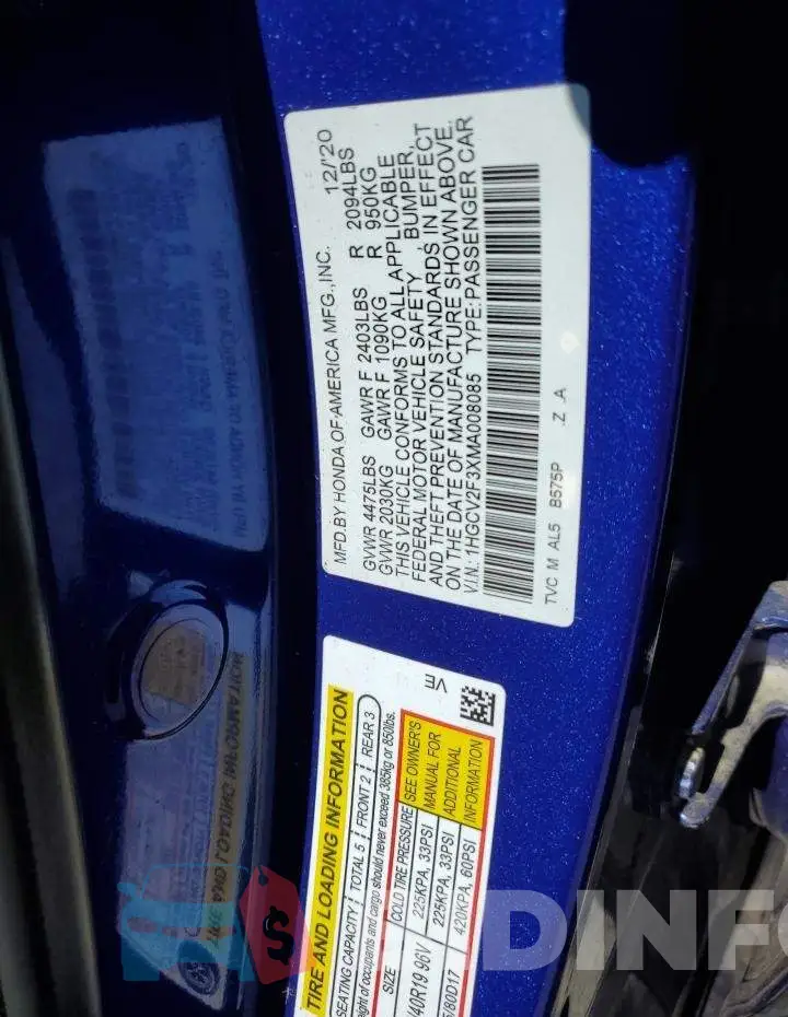 1HGCV2F3XMA008085 Photo# 12