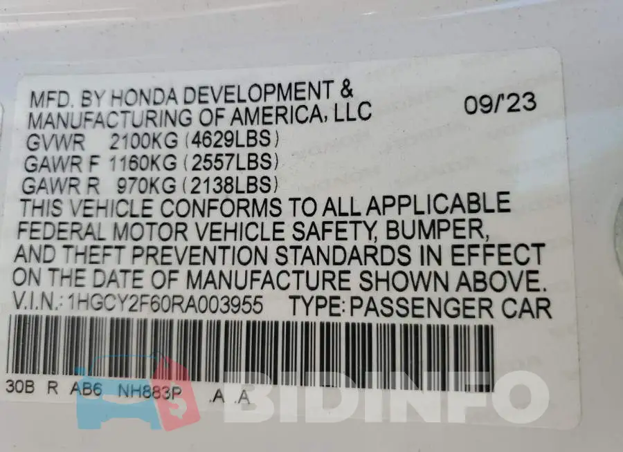 1HGCY2F60RA003955 Photo# 12