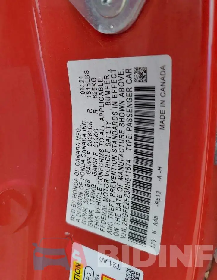 2HGFE2F23NH511674 Photo# 13