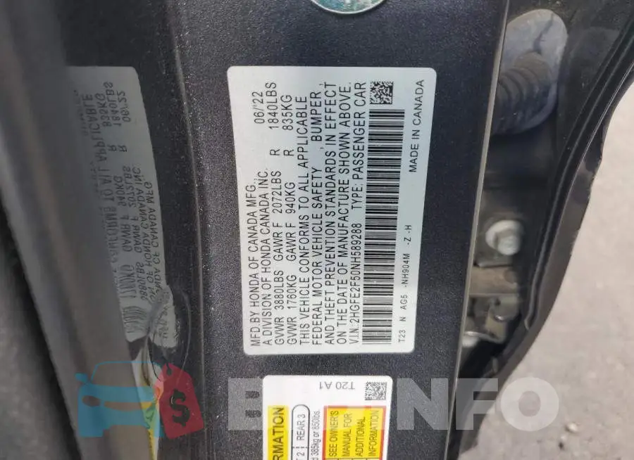 2HGFE2F50NH589288 Photo# 13
