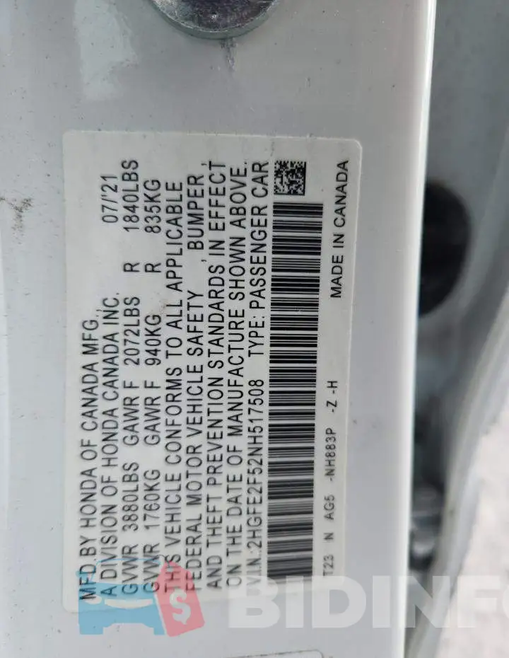 2HGFE2F52NH517508 Photo# 12