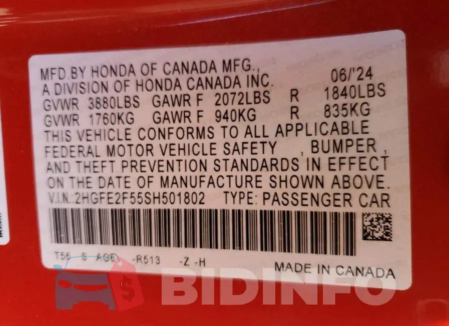 2HGFE2F55SH501802 Photo# 12