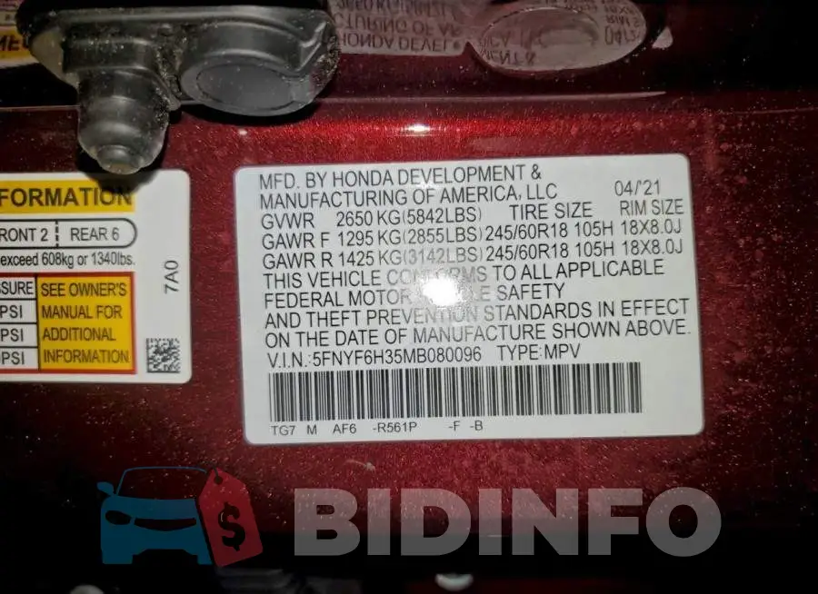 5FNYF6H35MB080096 Photo# 14