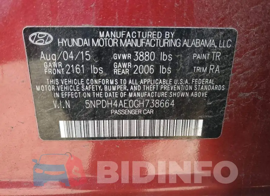 5NPDH4AE0GH738664 Photo# 13