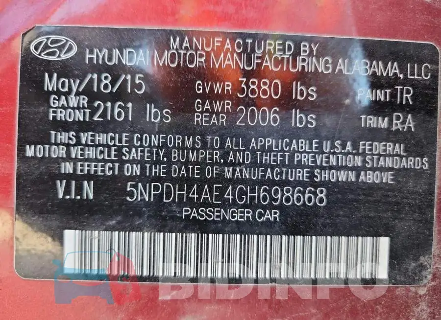 5NPDH4AE4GH698668 Photo# 12