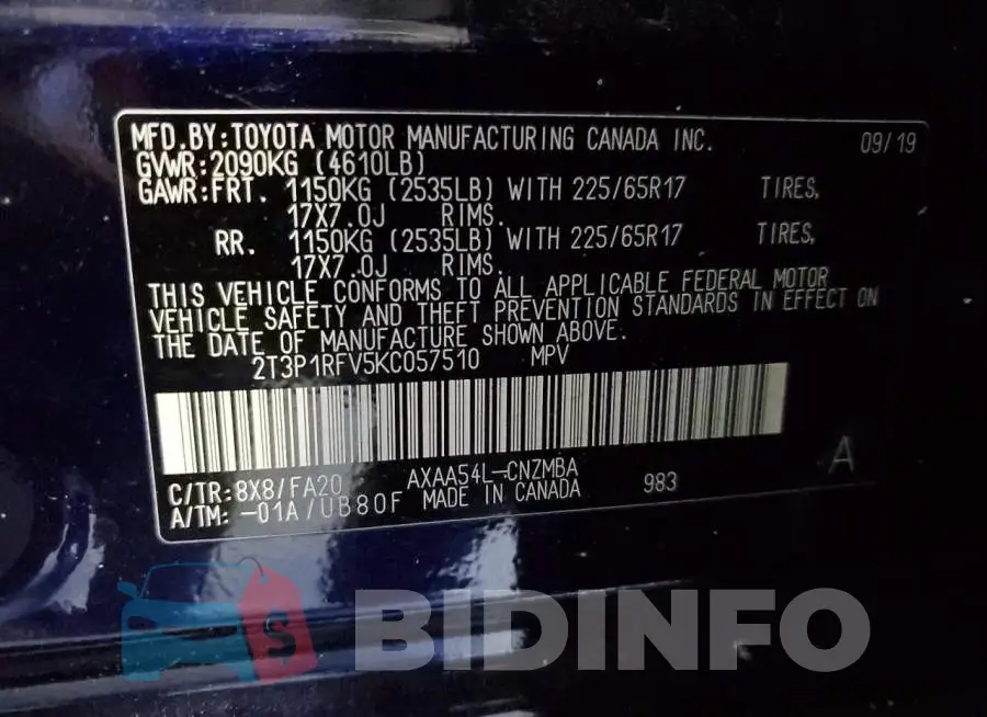 2T3P1RFV5KC057510 Photo# 13