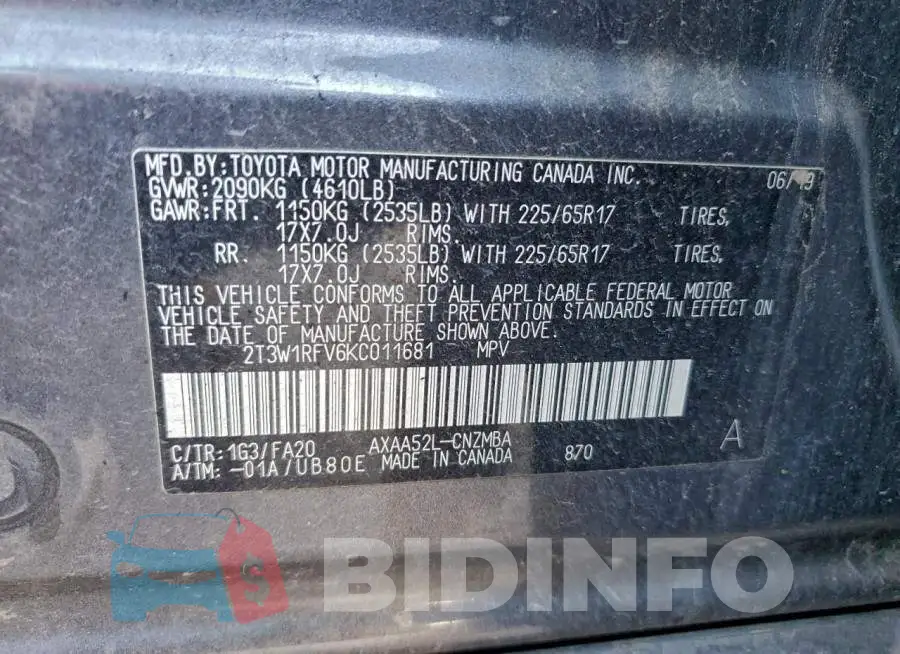 2T3W1RFV6KC011681 Photo# 13