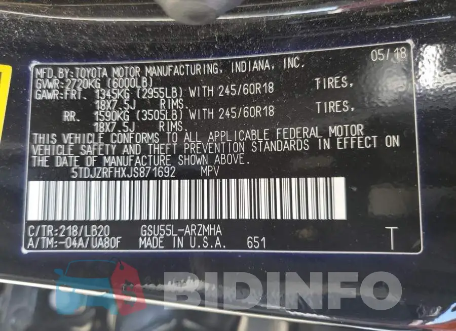 5TDJZRFHXJS871692 Photo# 13