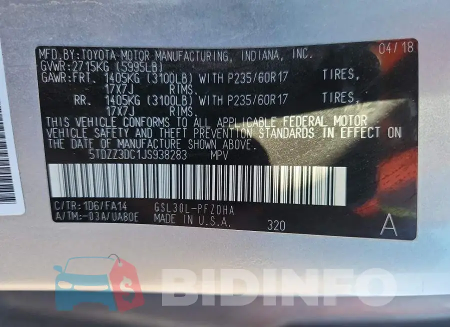 5TDZZ3DC1JS938283 Photo# 12