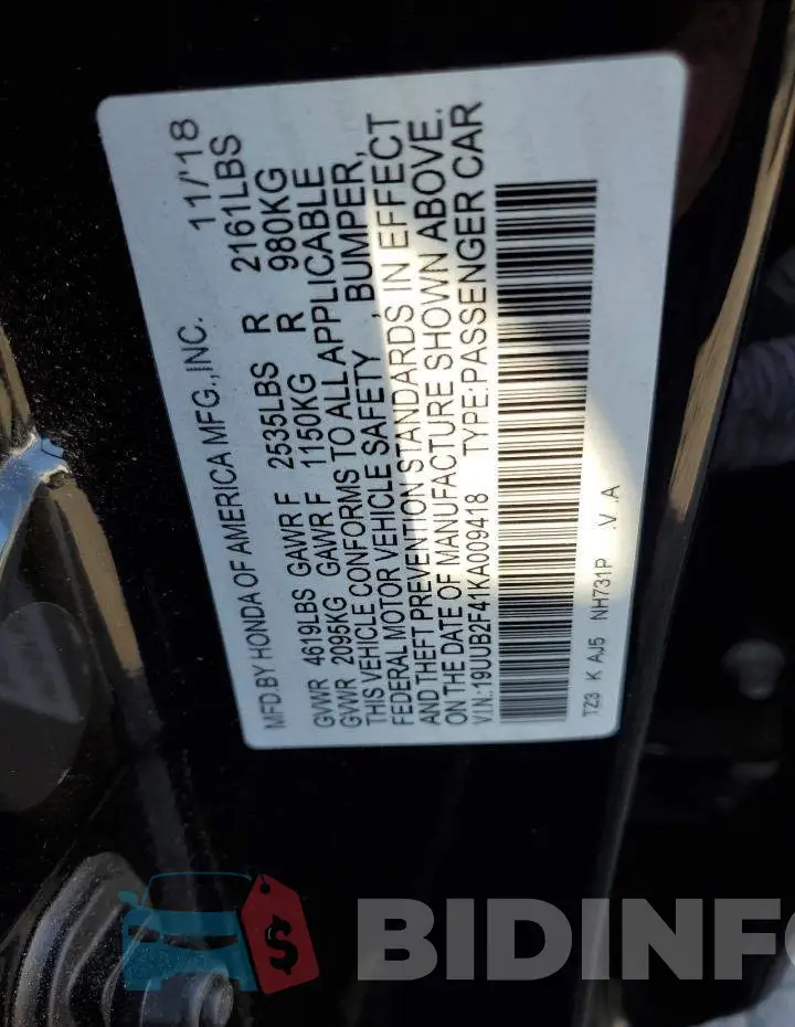 19UUB2F41KA009418 Photo# 12