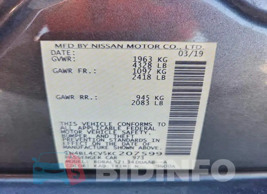 1N4BL4CV5KC207599 Photo# 12