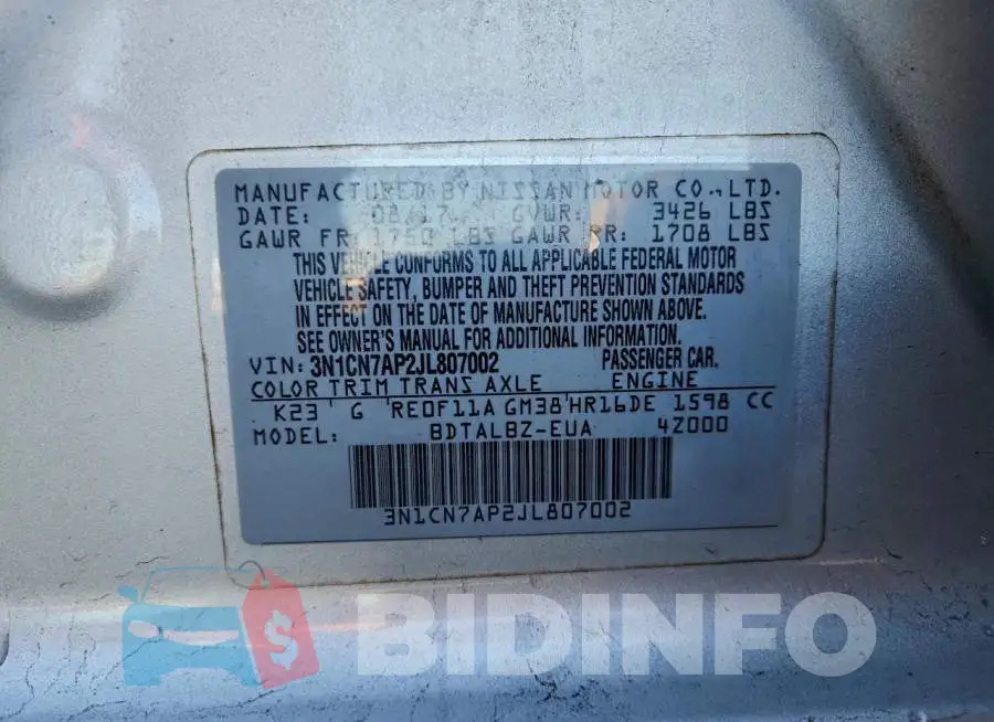 3N1CN7AP2JL807002 Photo# 12