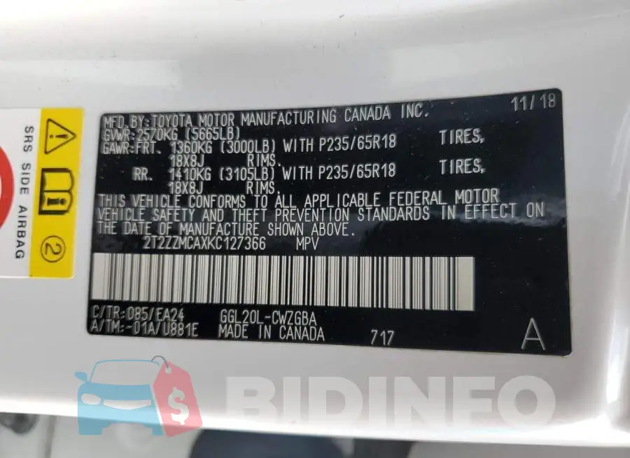 2T2ZZMCAXKC127366 Photo# 13
