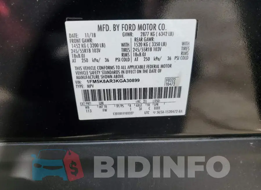 1FM5K8AR3KGA30899 Photo# 12